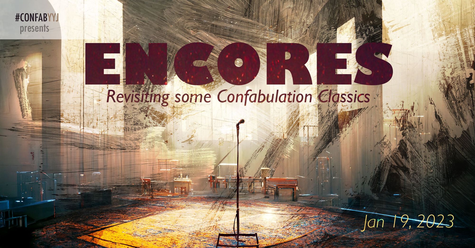 An artistically modified photo of a microphone and stand on a stage with the title of the show "Encores" and the show information appearing on top of the image.